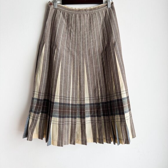 Highland Queen Wool Fully Reversible Ivory Brown Blue Pleated Midi Skirt M - Picture 2 of 6